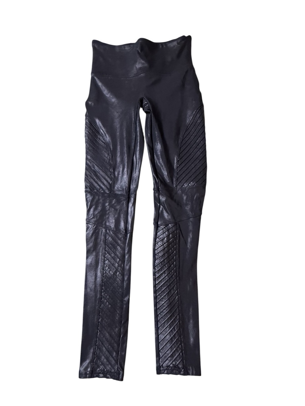 Spanx Faux Vegan Leather Very Black Ribbed Pleated Moto Leggings Size Medium